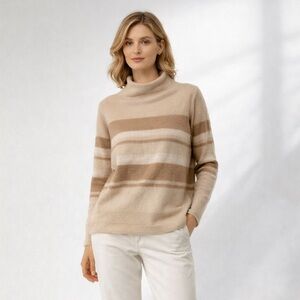 100% Cashmere Vince Ombre Stripe Mock Neck Sweater in Putty and Camel